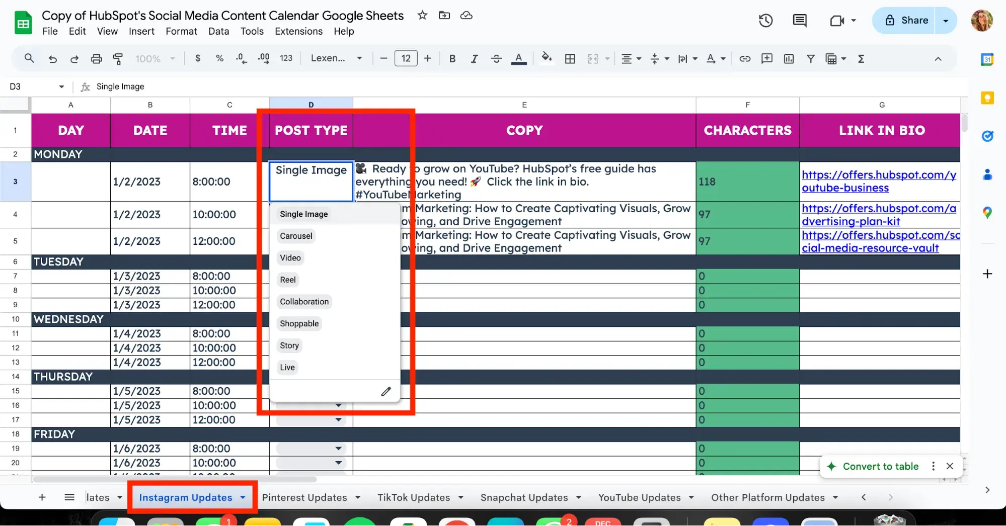 screenshot of hubspot’s free social media calendar broken down by platform