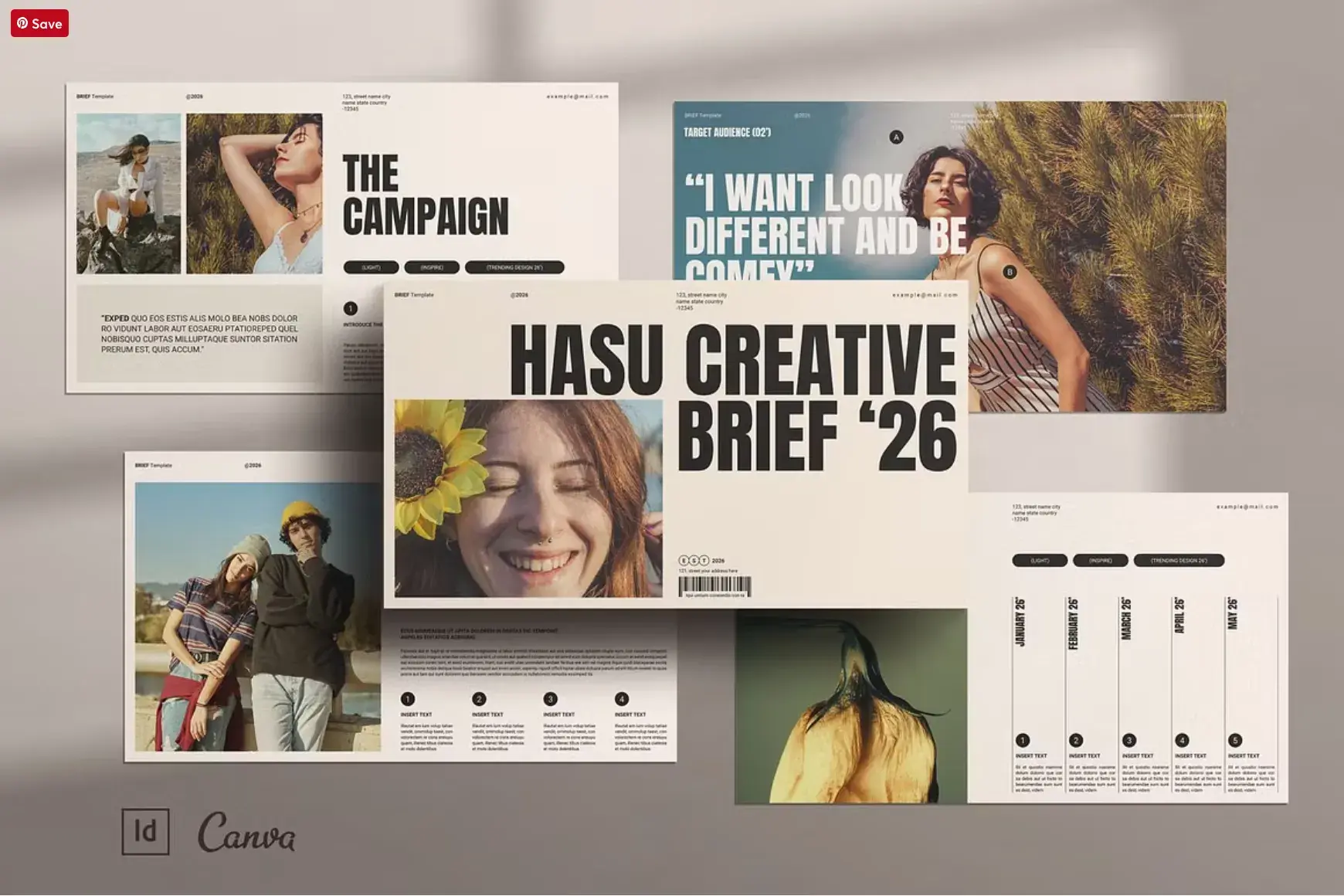 modern creative brief design with bold type and lots of large-scale photography.