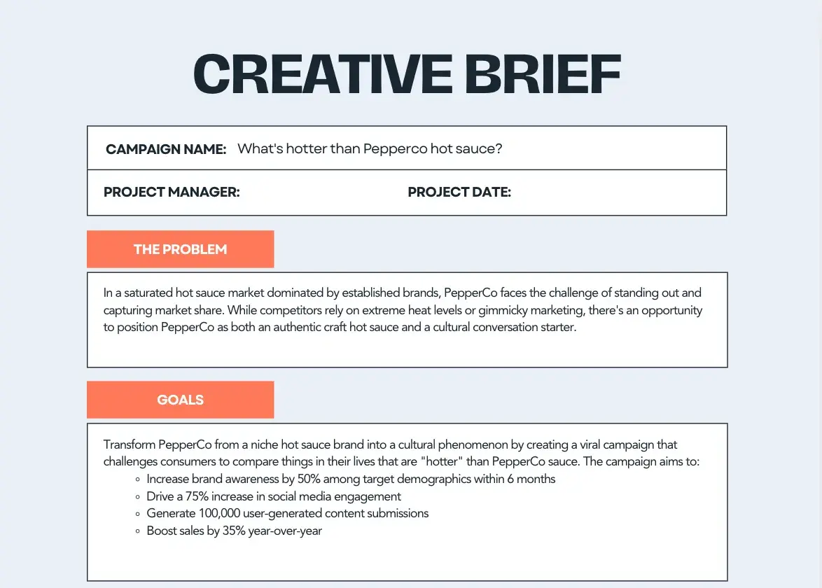 simple creative brief with sections for “the problem” and “goals.”