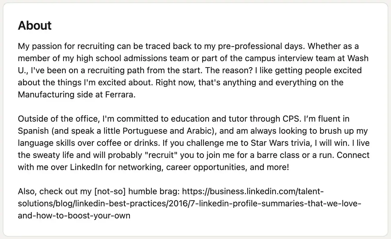 professional bio examples, marie mikhail, professional recruiter, linkedin bio