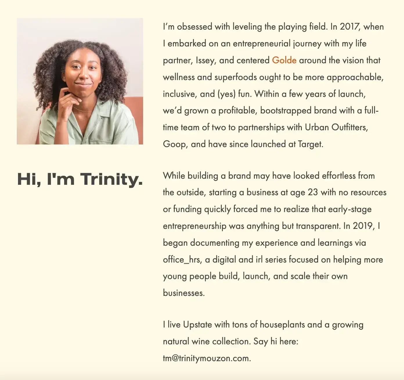 professional bio examples, trinity mouzon, wellness brand founder, personal website bio