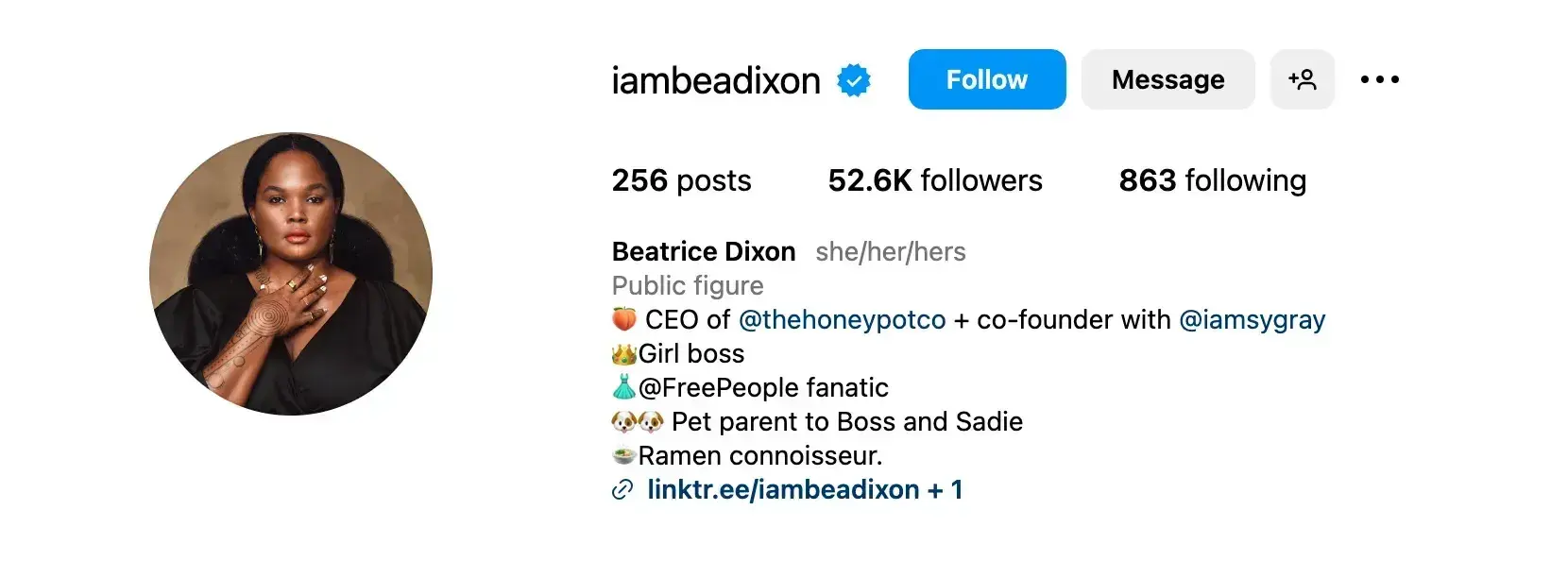 short professional bio examples, bea dixon, feminine care founder, instagram bio