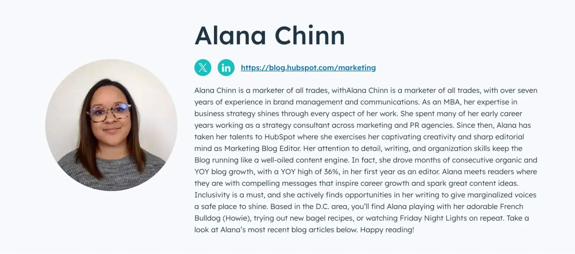 how to write a professional bio, alana chinn, blog author bio example