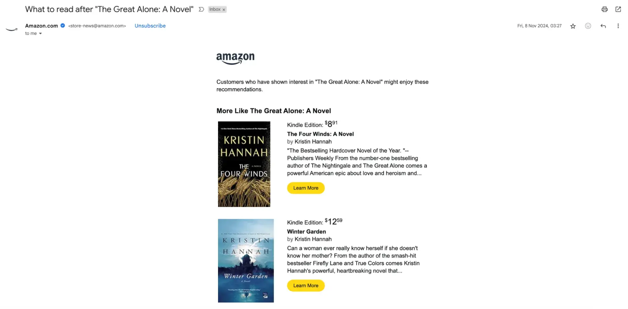 types of marketing; screenshot of a personalized email from amazon