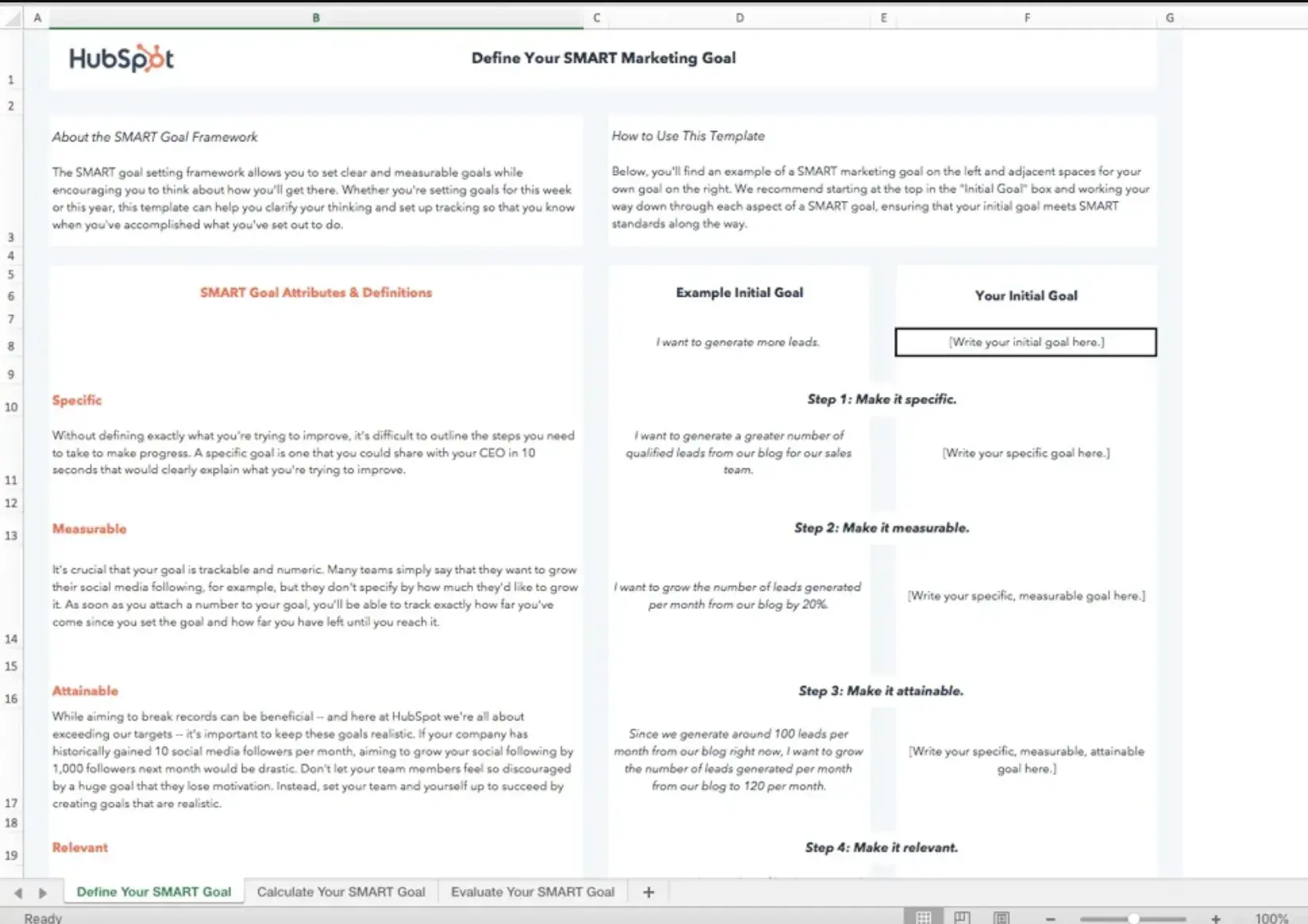 screenshot of hubspot’s worksheet to determine your smart marketing goals.