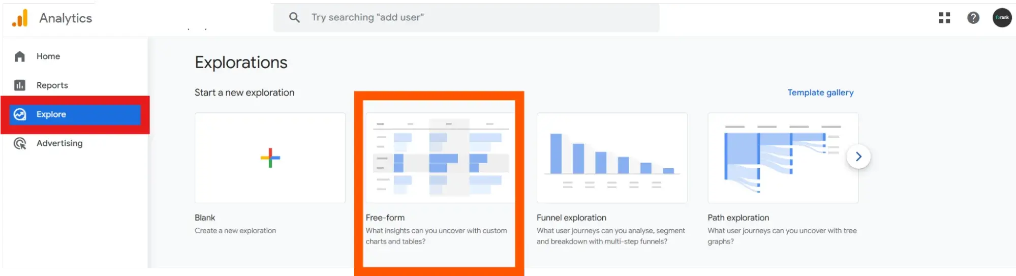 screenshot from ga4 shows how to select free-form so b2b marketers can track b2b marketing analytical data in one easy place.