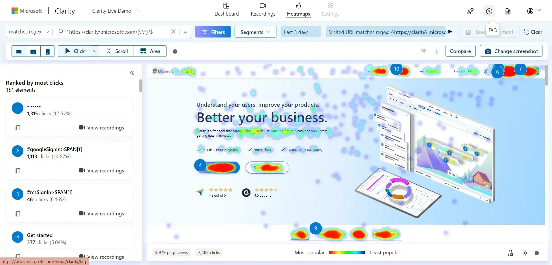 screenshot from microsoft clarity shows how the tool provides marketing analytics for b2b through a heatmap.