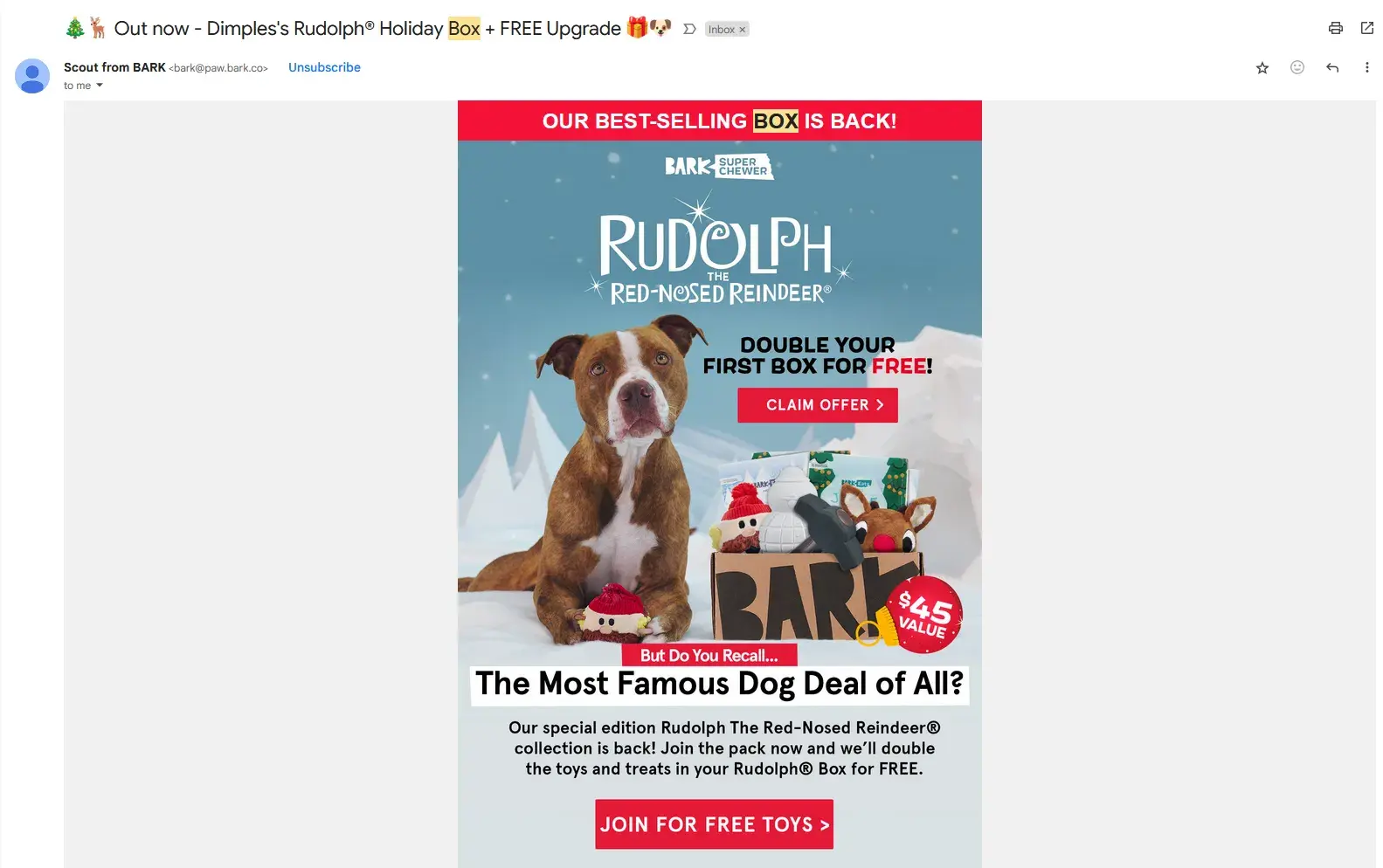 btl marketing, email marketing, email from BarkBox with dog on the cover and holiday branding