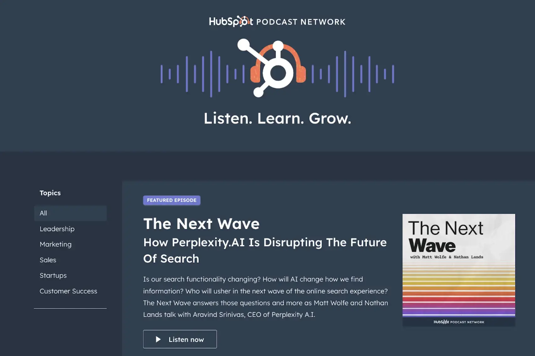 screenshot of the hubspot podcast network. https://www.hubspot.com/podcastnetwork