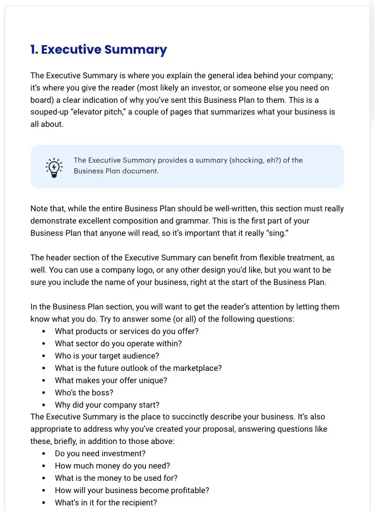 panda doc free business plan template, sample business plans