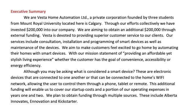 vesta home automation business plan example, sample business plans