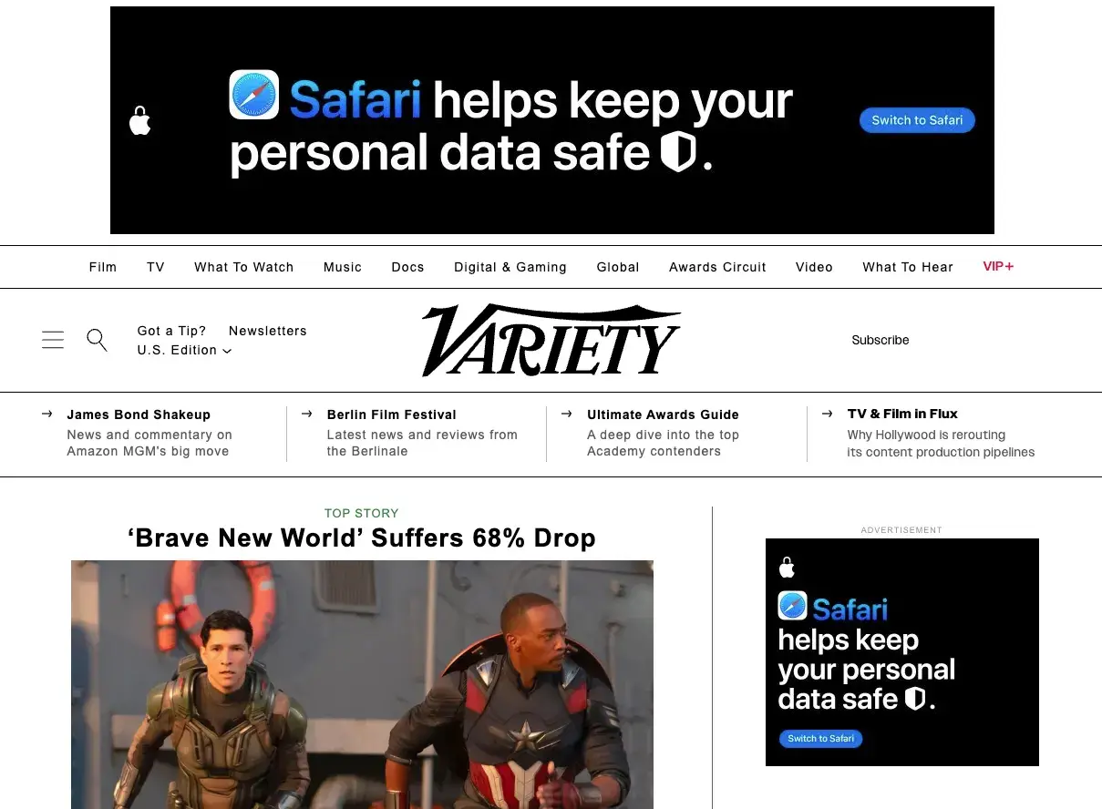 safari call-to-action example banner on variety landing page.