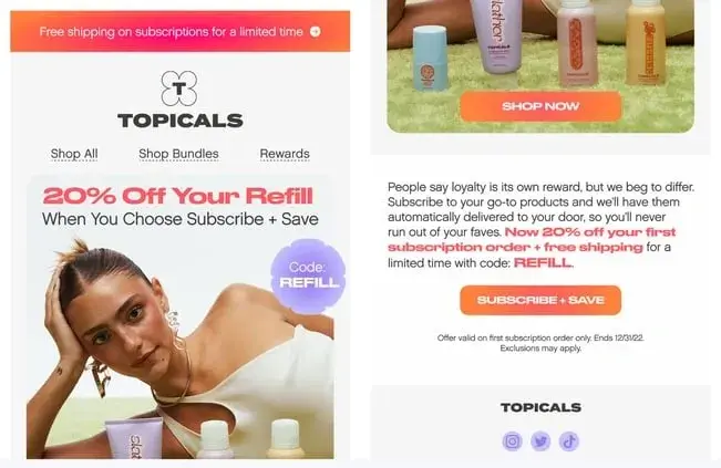 marketing email from the skincare brand topicals, digital marketing