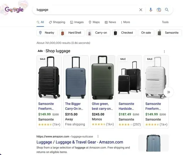 google ad for the searched term luggage, digital marketing