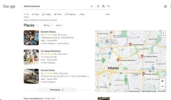 google local pack for the search term atlanta bookstore, digital marketing