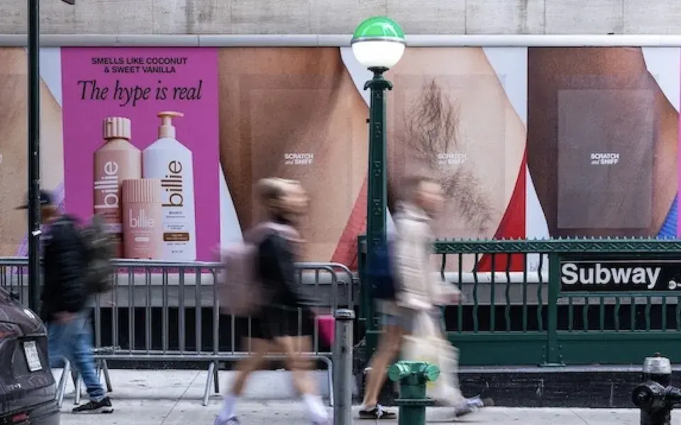 a screenshot of billie’s scratch-and-sniff campaign posters in new york