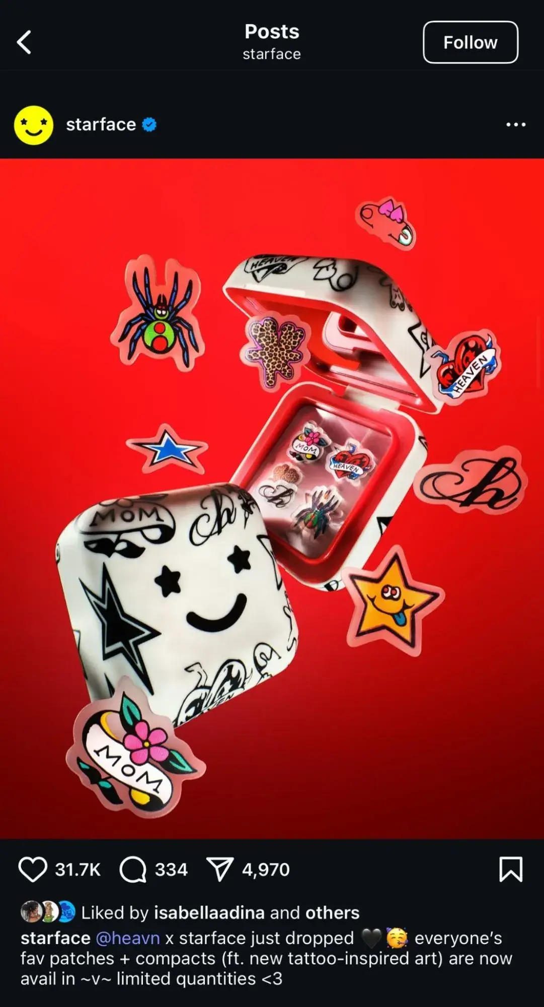 a screenshot of an instagram post from starface highlighting the heaven by marc jacobs and starface collaboration