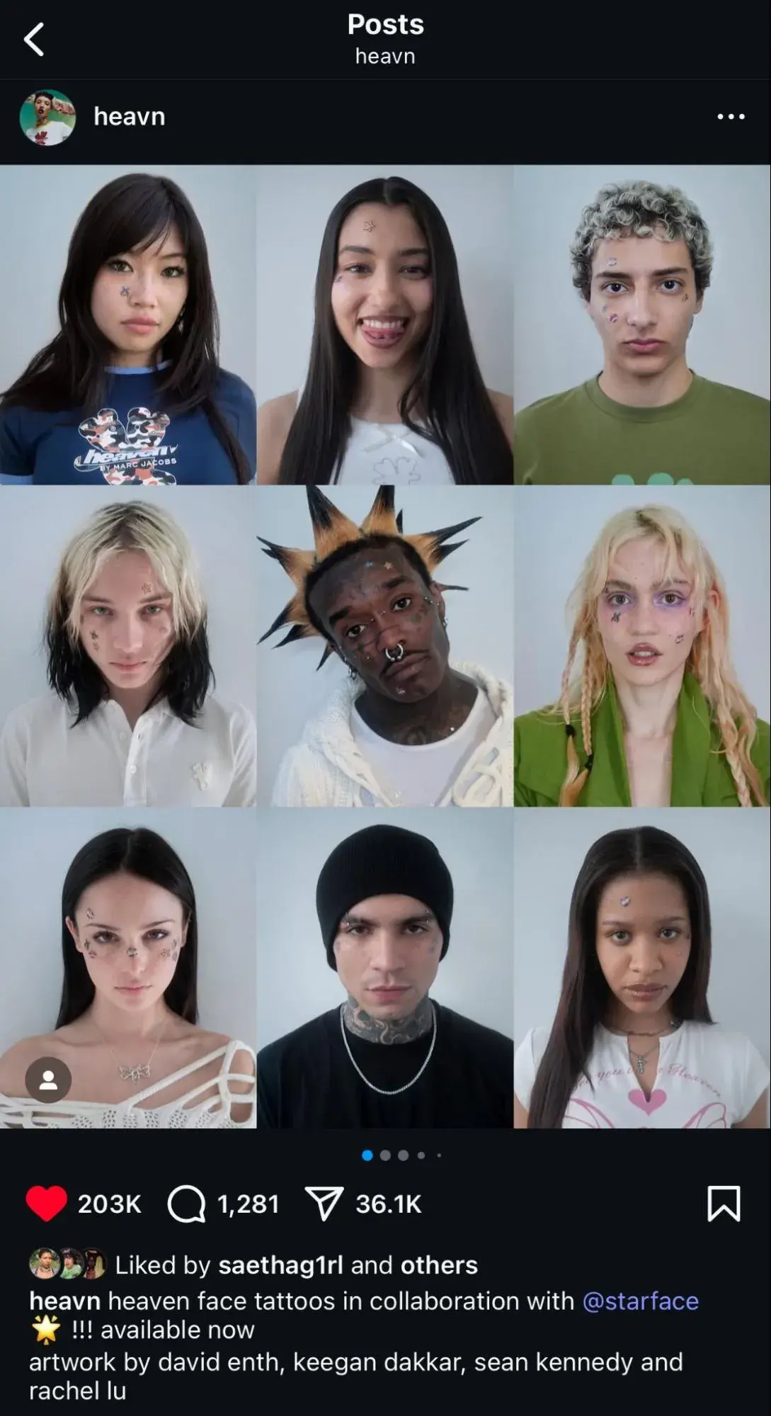 a screenshot of an instagram post from heaven highlighting the heaven by marc jacobs and starface collaboration and the faces of the campaign