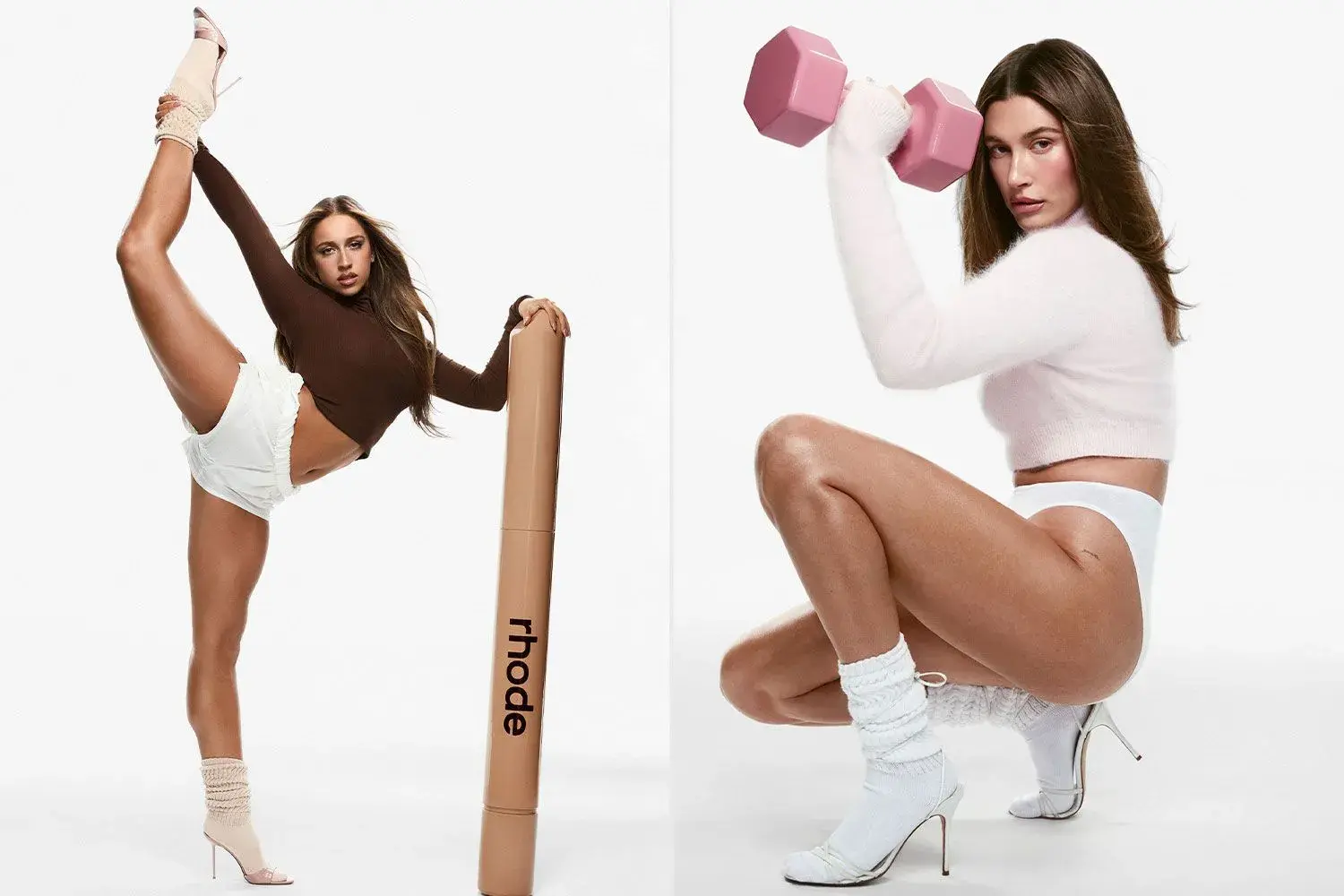  a split-side image of tate mcrae and hailey bieber for the peptide rhode lip shape campaign