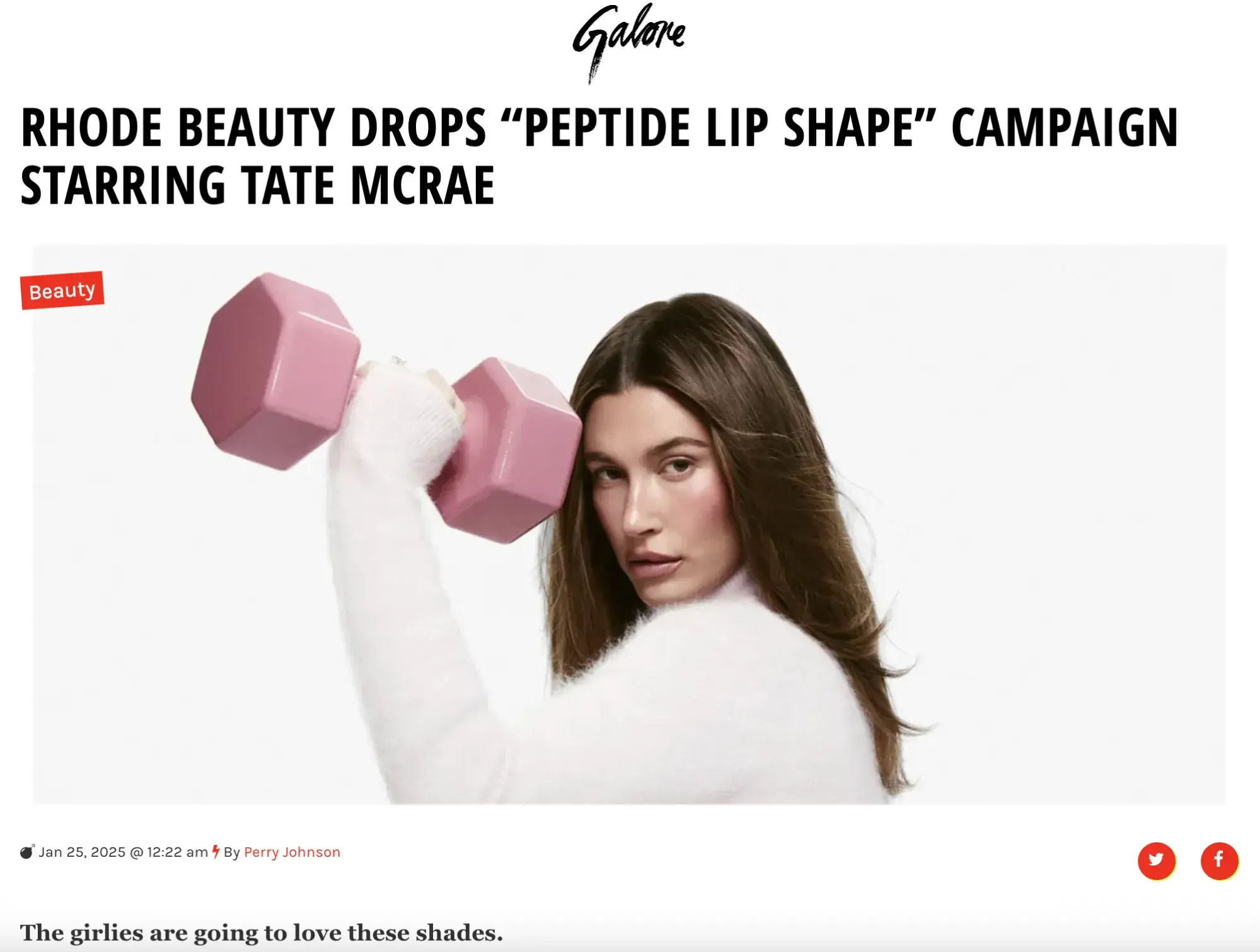 a screenshot of a galore article highlighting rhode skin’s peptide lip shape campaign launch