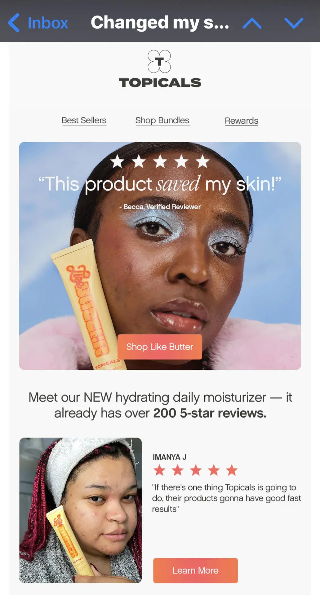 personalized experiences, email from topicals showing reviews for buzzy product