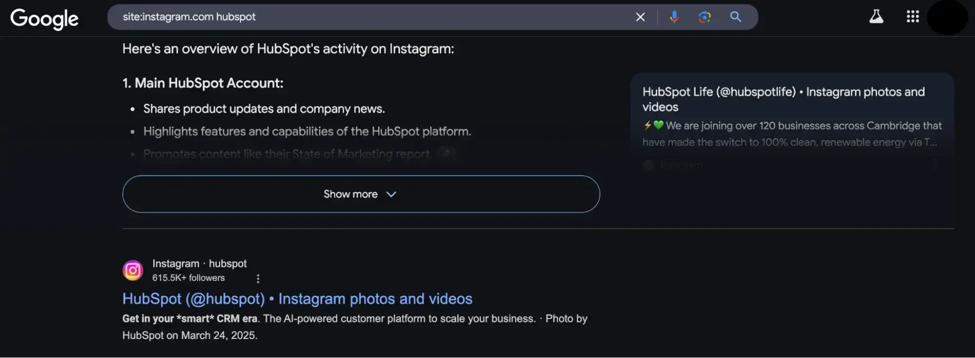 a screenshot of hubspot’s social media accounts on google