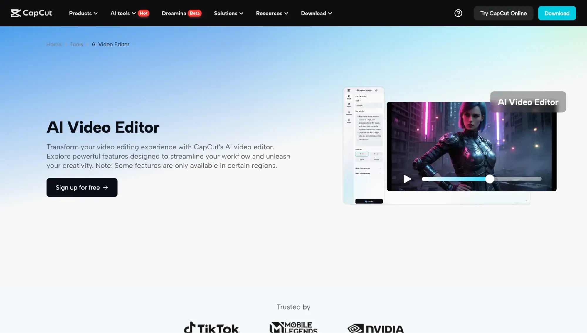capcut ai video editor landing page