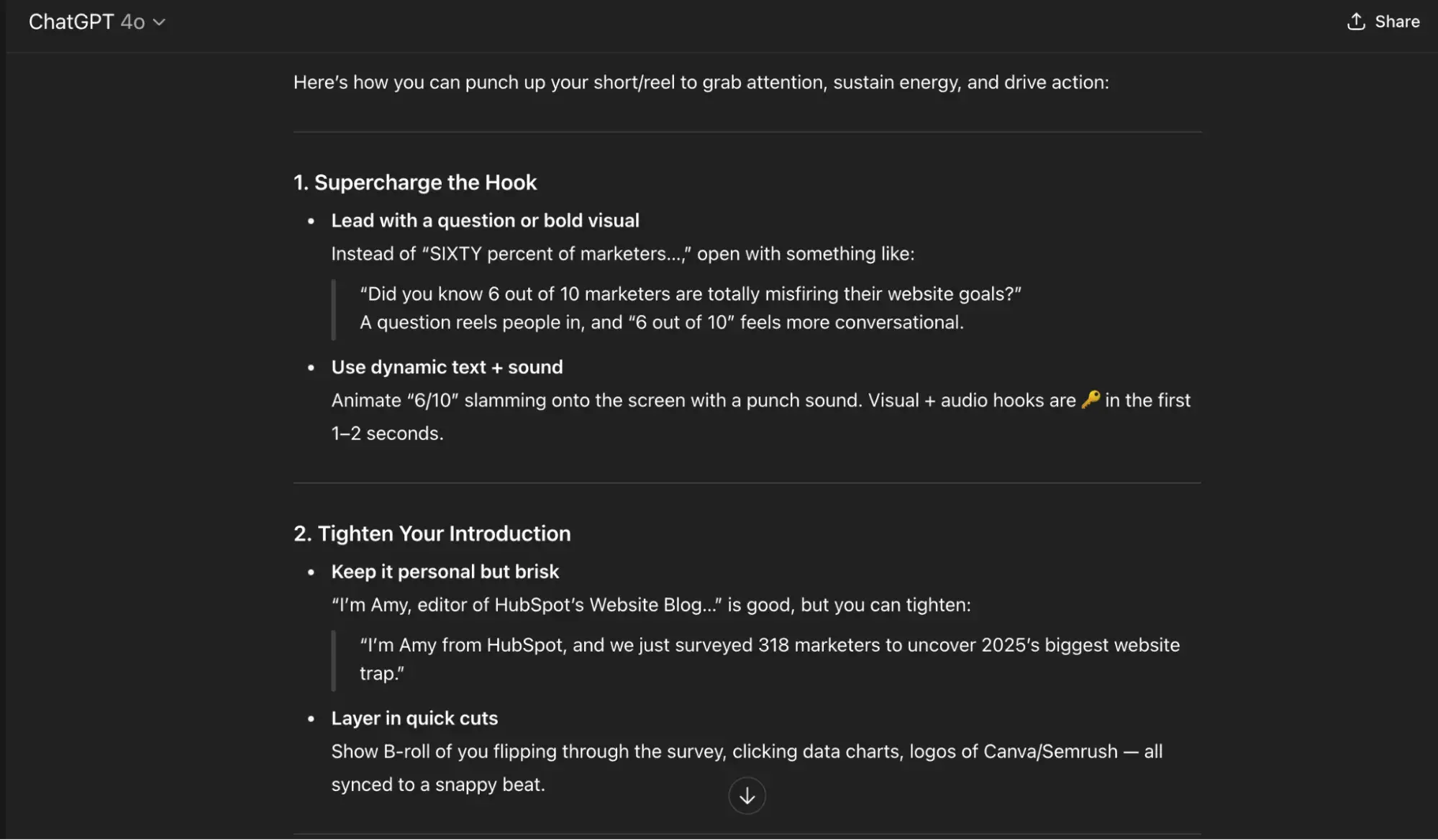 chatgpt chat screenshot showing recommendations on how to make a video script better
