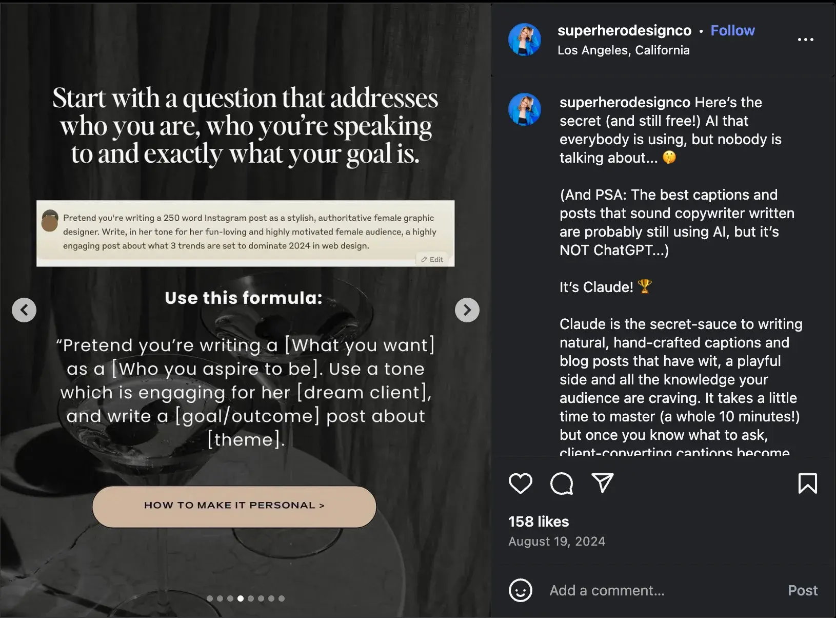 superhero design instagram post explains how to use claude to generate instagram captions