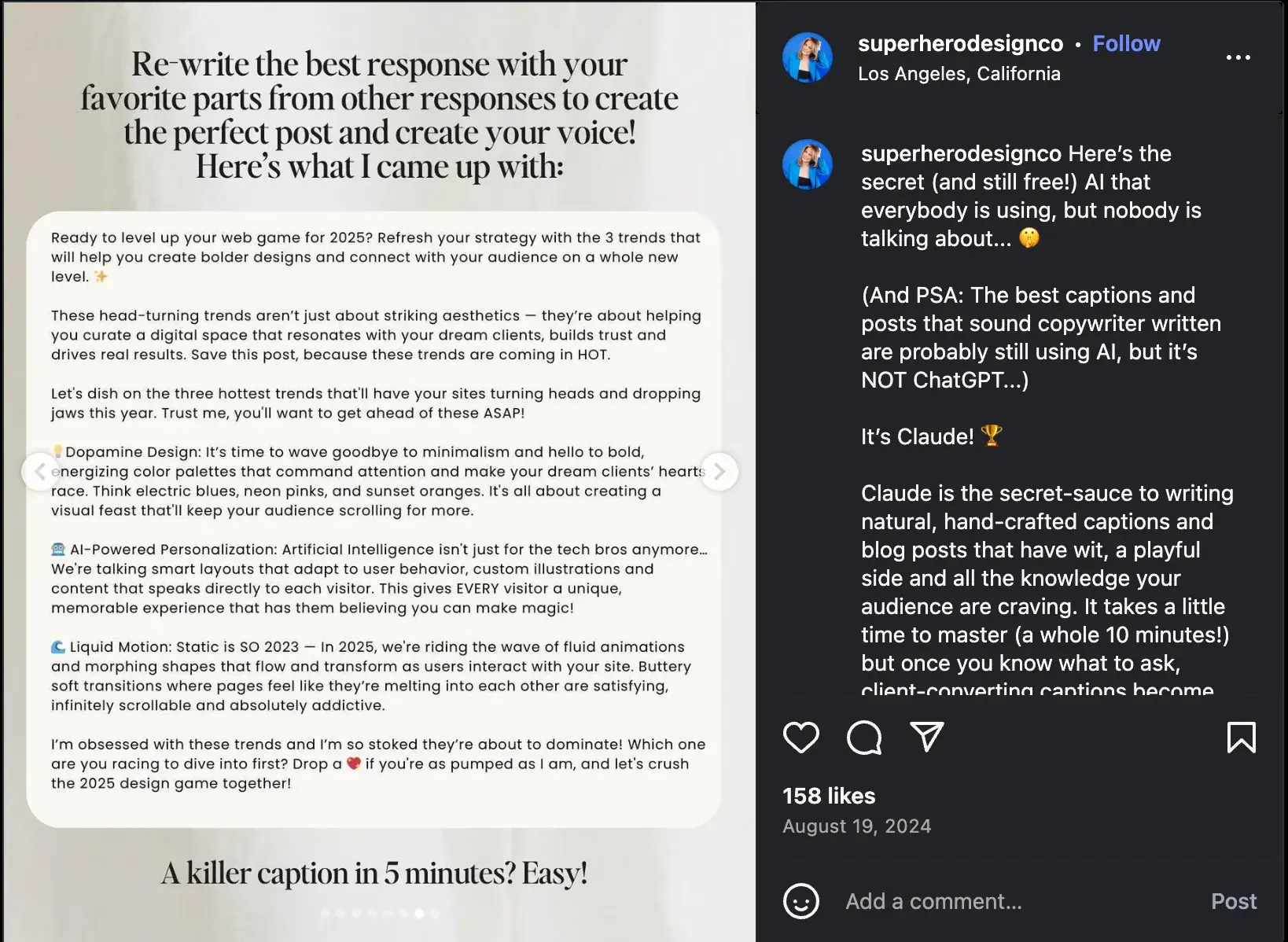 superhero design’s instagram post shows a claude output of an instagram caption