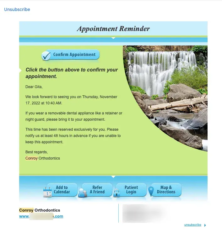 appointment reminder example of email marketing for dentist