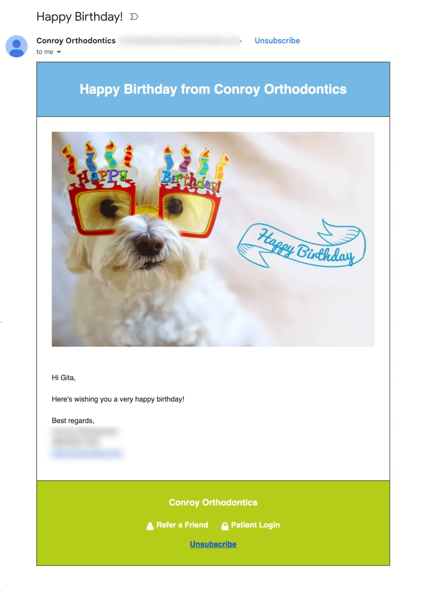 birthday greeting example of email marketing for dentist