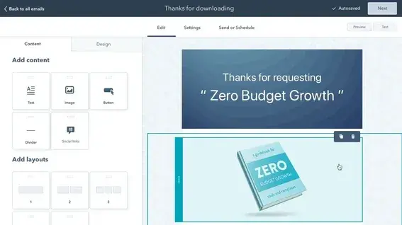 screenshot showing hubspot's drag-and-drog editor for email marketing for dentist
