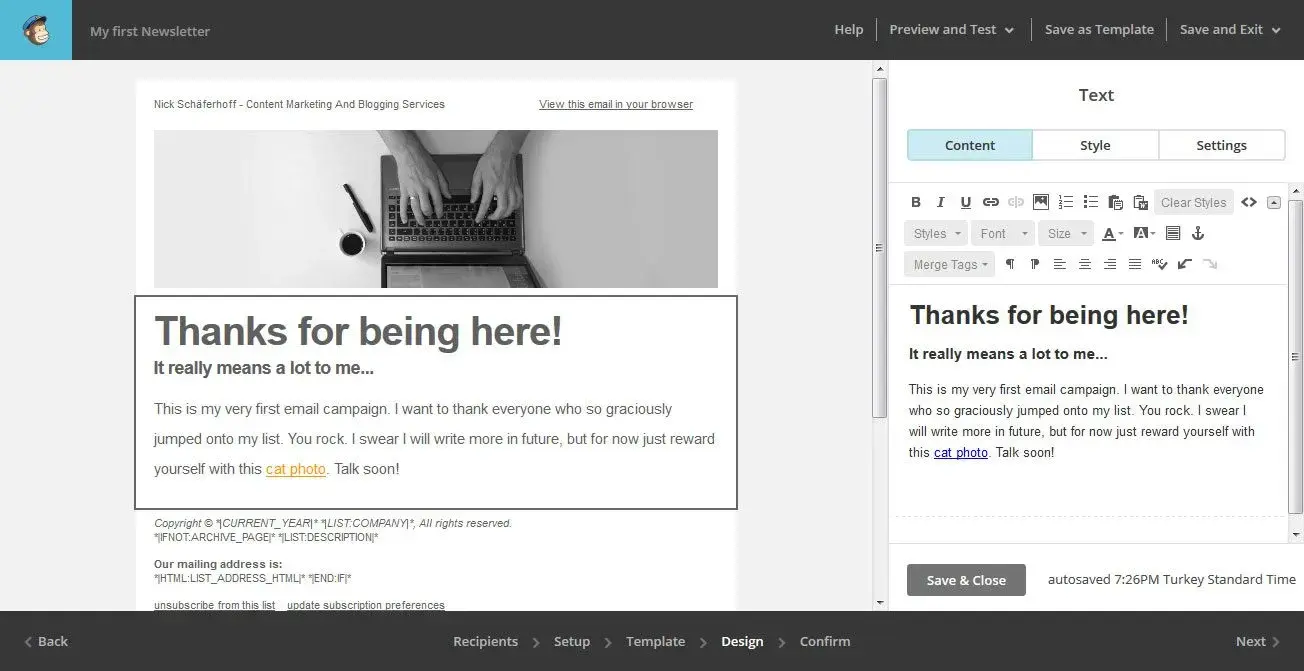 screenshot showing mailchimp's editor for email marketing for dentist